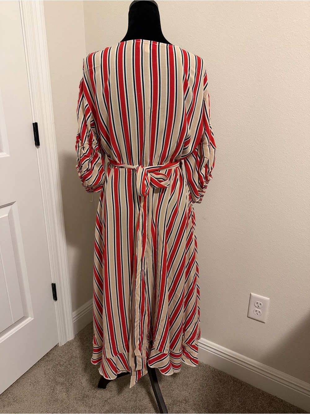 Umgee Red and Cream Striped Wrap Midi Dress with Puff Sleeves - Picture 3 of 10